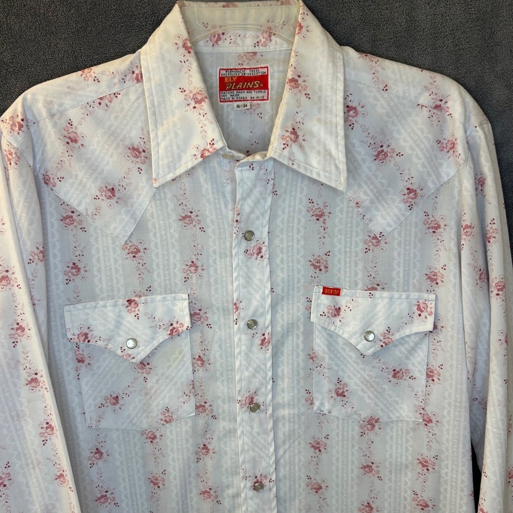 VTG 70s Ely Plains Mens 16-34 Western Pearl Snap Pink White Floral Stripe Shirt